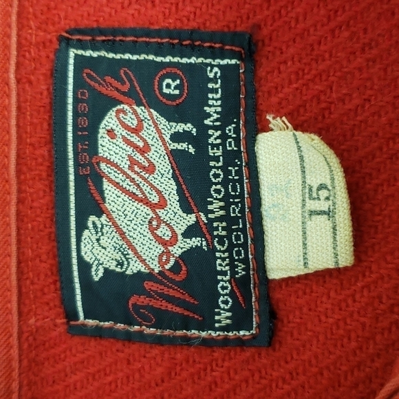 Vintage Woolrich Red Leather Patch Sleeve Button Up Shirt Red Mens 15 S - Picture 9 of 12